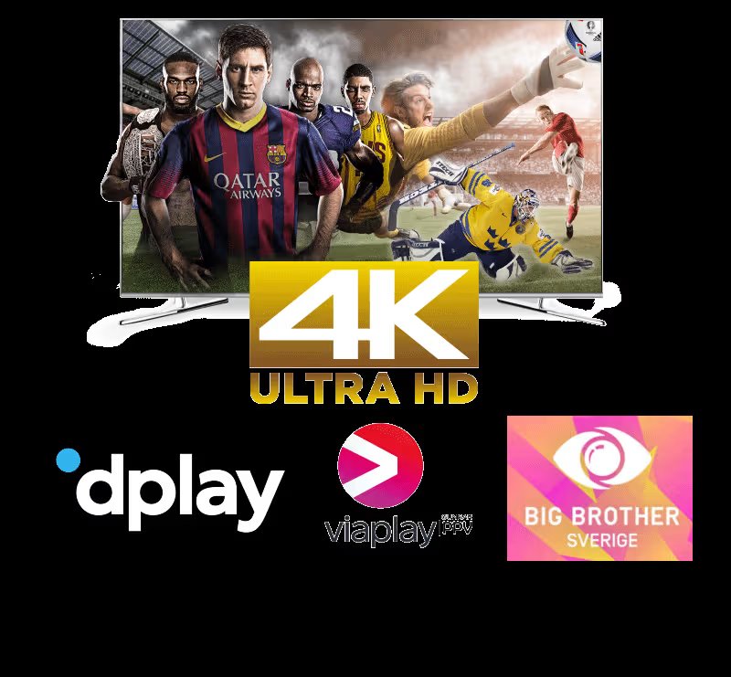 Fotboll i 4K Ultra HD med logotyper för dplay, Viaplay och Big Brother Sverige